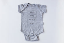 Load image into Gallery viewer, Real Life Superhero - Baby Onesie - Light Grey - Warrior Label Clothing