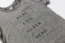 Load image into Gallery viewer, Real Life Superhero - Youth Shirt - Grey - Warrior Label Clothing
