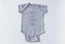 Load image into Gallery viewer, Real Life Superhero - Baby Onesie - Light Grey - Warrior Label Clothing
