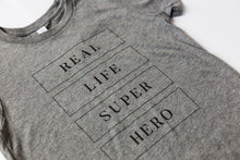 Load image into Gallery viewer, Real Life Superhero - Youth Shirt - Grey - Warrior Label Clothing
